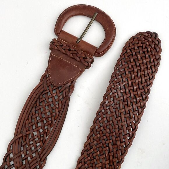Vintage Brown Braided Leather Belt size max W 32”  2.25” wide Boho Preppy Beach - Picture 2 of 7
